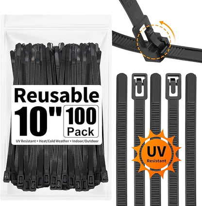 SOOOEC 100 Pack Reusable Zip Ties 10 inch Heavy Duty Outdoor UV Resistant, Releasable Black Zip Ties Indoor Round Ending No Hurt, Cable Ties Reusable Tie Wraps Non Slip Off