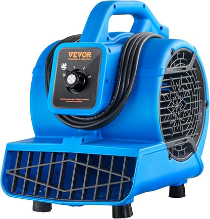 VEVOR Floor Blower, 1360 RPM 600 CFM, Air Mover for Drying and Cooling, Portable Carpet Dryer Fan with 4 Blowing Angles,3-Speeds Adjustment, for Janitorial, Home, Plumbing, Commercial Use