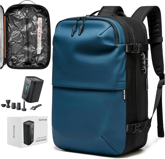 Vortex Vacuum Seal Travel Backpack 60L Expandable Air Compression System Water Resistant TSA Lock Carry-On Suitcase Luggage Blue AERO - Vacuum Pump Included