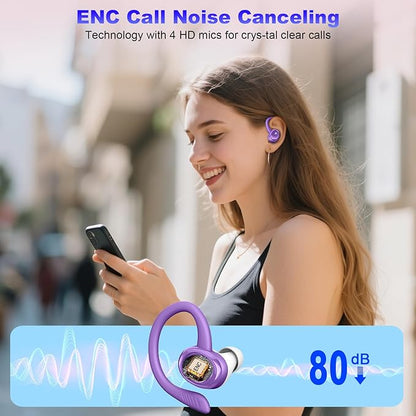 Wireless Earbuds Sport, New Bluetooth 5.4 Headphones with Earhooks, 50H Stereo Deep Bass Over Ear Buds with 4 ENC Noise Canceling Mics, IP7 Waterproof Earphones for Running Workout Gym -Purple