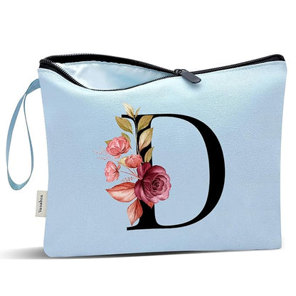 Vavabox A-Z Personalized Makeup Bag, Birthday Gifts for Women Mom, Gifts for Best Friend, Bride Bridesmaid Cosmetic bag (D, Blue)