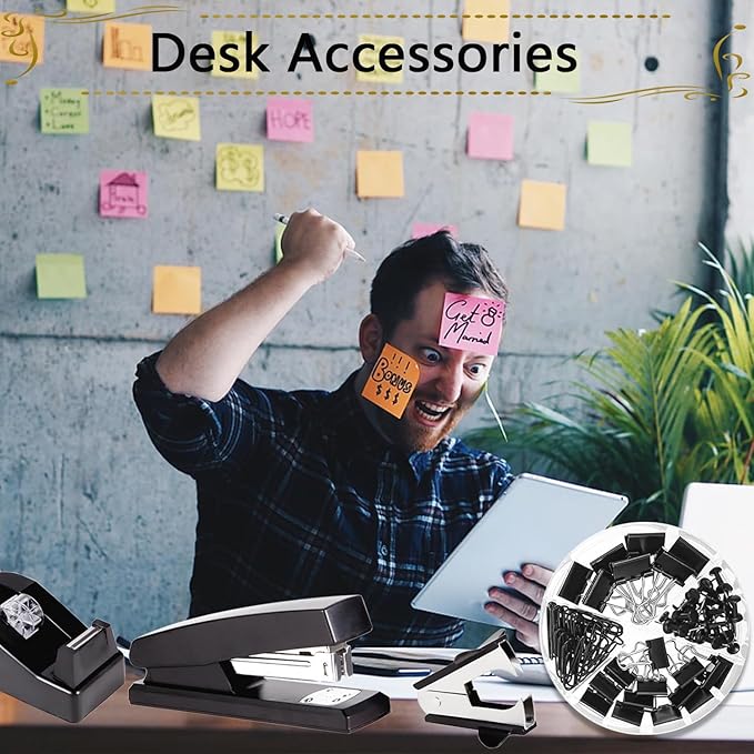 Office Supplies,Desk Accessories, Stapler and Tape Dispenser Set for Women with Stapler, Tape Dispenser, Staple Remover, Staples, Clips, Scissor and Tabs,Gift for Students, Coworkers