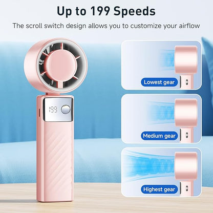 Portable Handheld Turbo Fan - Foldable Mini Fan with Air Turbo Tech, 1-199 Speed Adjustment, 20H Runtime, LED Display, Battery-Powered for Indoor/Outdoor Use Nude Pink