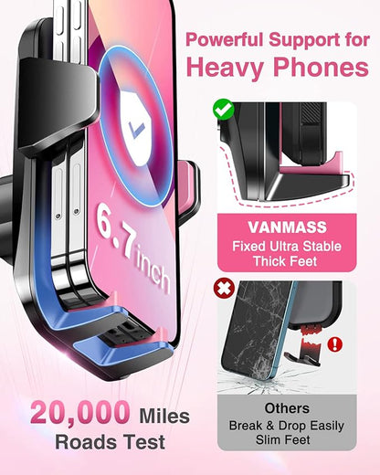 VANMASS【85+LBS Strongest Suction & Military-Grade Ultimate Car Phone Mount【Patent & Safety Certs】 Cell Phone Holder Truck for Dashboard Windshield Vent for iPhone 17 Pro Max 16 15 Desk Mounts, Pink