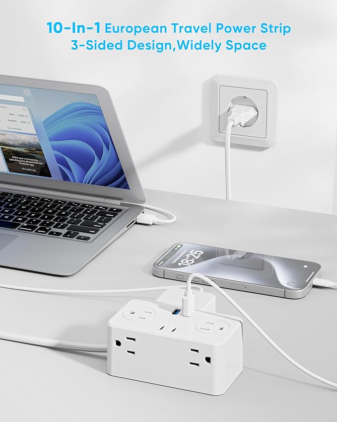 European Travel Plug Adapter, Type E F Plug Adapter, 6 AC Outlets, 4 USB Ports (2 USB C), 3ft Wrapped Around Extension Cord, for Germany France Travel