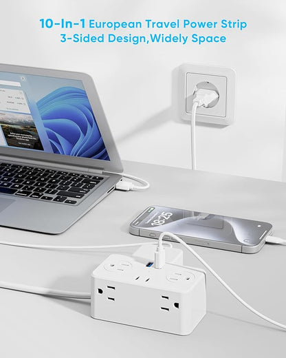 European Travel Plug Adapter, Type E F Plug Adapter, 6 AC Outlets, 4 USB Ports (2 USB C), 3ft Wrapped Around Extension Cord, for Germany France Travel