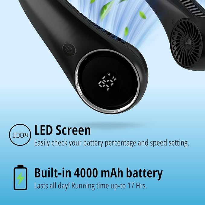 Portable Neck Fan – Hands Free Quiet 20dB Cooling Neck Fan, 17-Hour 4000mAh Battery, 3 Speeds, Wearable Fan for Neck Fans that Blow Cold Air, Personal Fans Portable Rechargeable (Black)