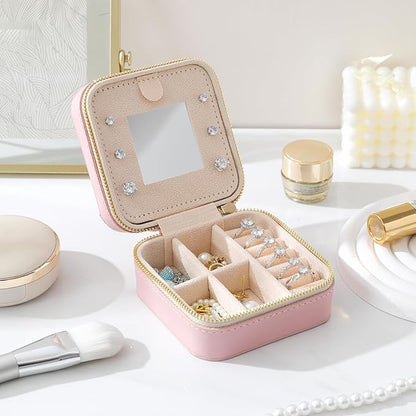 Genuine Leather Travel Jewelry Case Organizer with Mirror for Women, Small Jewelry Box Portable Mini Jewelry Case for Earring, Ring, Necklace, Bracelet(Pink)