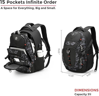 Swissdigital Design Laptop Backpack with USB Charging Port, Travel Backpack Fits 15.6 inches Computer, 31L College School Backpack for Men, Gray Camo | SD803-91