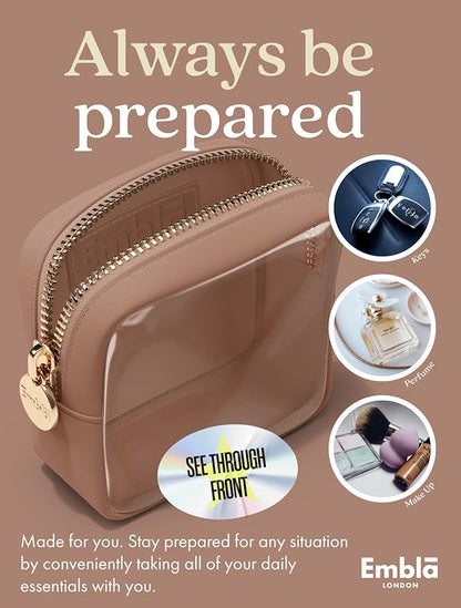 Embla London Makeup Bag Cosmetic Case, Clear Zipper Make Up Pouch and Toiletry Travel Tote, Cute Skincare Pouches for Women Girls, Preppy Purse Cosmetic Organizer, Mini Makeup Bags, Mocha Mousse