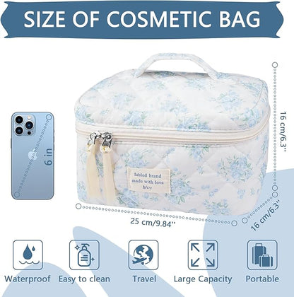 Large Travel Quilted Makeup Bag for Women,Big Floral Cotton Cosmetic Bag, Cute Coquette Aesthetic Floral Toiletry Organizer Bag (Blue Rose)