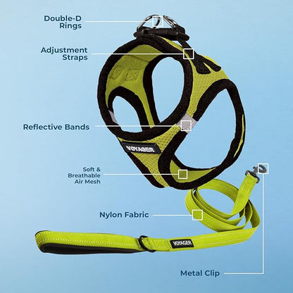 Voyager Step-in Air All Weather Mesh Harness and Reflective Dog 5 ft Leash Combo with Neoprene Handle, for Small, Medium and Large Breed Puppies by Best Pet Supplies - Lime/Black Trim, Large