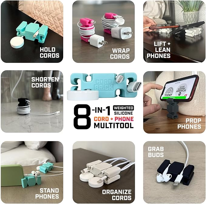 CordBrick Stocking Stuffers for Adults Cord Management Weighted Cord Holder Cable Wrap Phone Stand - Multiuse Gadget Organizer for Nightstand, Desk. Gift for Men, Durable Silicone. 2pk Black