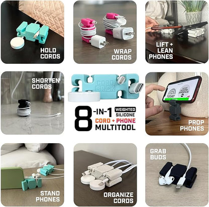 CordBrick Stocking Stuffers for Adults Cord Management Weighted Cord Holder Cable Wrap Phone Stand - Multiuse Gadget Organizer for Nightstand, Desk. Gift for Men, Durable Silicone. 2pk Green
