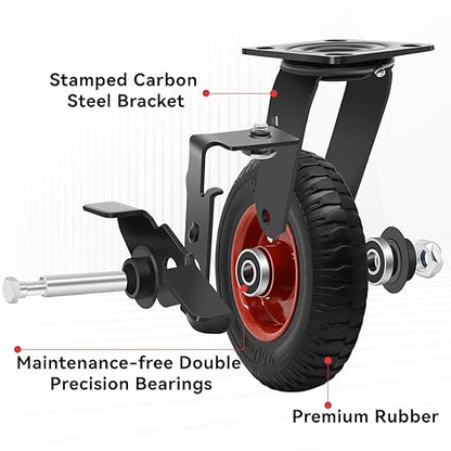 Nefish 8 Inch Heavy Duty Outdoor Casters 2200 LBS, Durable Large Casters Wheels Set of 4, Industrial Grade Rubber Castors with Knobby Tread for Trolley, Industrial and Chicken Coop (2 Brake & 2 Rigid)