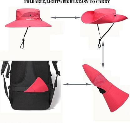 Womens Summer Sun Hat Beach Hat Wide Brim Outdoor UV Protection Hat Foldable Cool Mesh Ponytail Bucket Hat