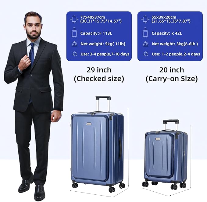 29 Inch Luggage, Top Opening Airline Approved ABS+PC Hard Shell Suitcases with Silent Wheels, TSA Lock,Front Pocket and Wet-dry Separated Six-piece Set (Dark Blue, 29-Inch)
