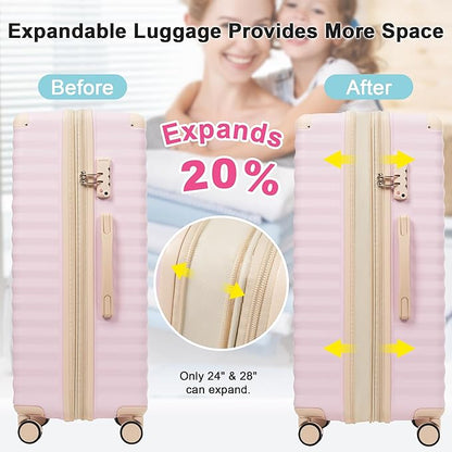 Merax Luggage Sets 5 Piece,Front Open Hardshell Expandable Suitcase with Spinner Wheels and Duffel Bags,Lightweight Carry on Luggage with USB Port and Cup Holder,20/24/28IN,Pink
