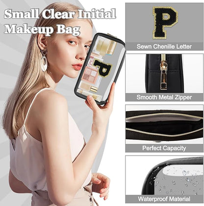 Small Clear Personalized Initial Makeup Bag, Preppy Nylon A-Z Chenille Letter Patch Makeup Organizer TSA Approved Travel Toiletry Bag,Waterproof Zip Beach Cosmetic Pouch Purse for Women(Black-Black P)