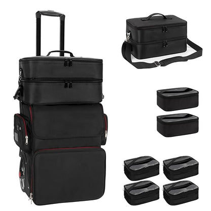 Large Makeup Train Case with Makeup Travel Bag and 4 Clear Makeup Bags for Hairstylist, Hairdresser Bag with Detachable Pouch,Heat Insulation Anti-scalding for Hairdressing Organizer Big wheels