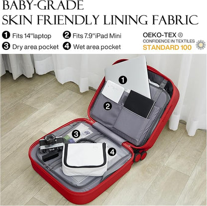 mixi Carry on Luggage, Suitcase with Spinner Wheels 16in Luggage Hardshell Lightweight Rolling Suitcases PC with Cover & TSA Lock, Red