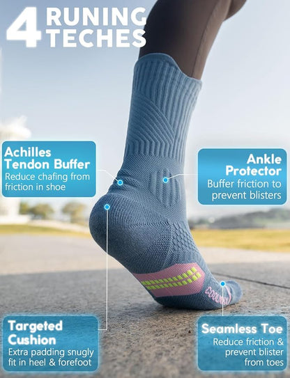 Womens Coolmax Bamboo Viscose Compression Running Crew Socks, Moisture-Wicking Anti-Blister Hiking&Gym Athletic