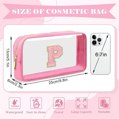 Personalized Initial Letter Clear Makeup Bag,Preppy Small Nylon&PVC Cosmetic Zipper Bag with Chenille Letter,Portable Beach Travel Skincare Toiletry Bag,Trendy Monogram Gift for Teen Girls Women,P