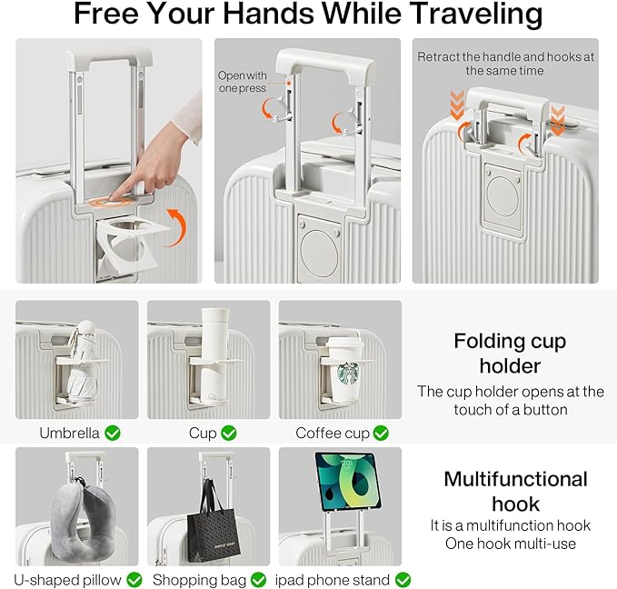 mixi Checked Luggage with Cup Phone Holder Hard Shell Rolling Travel Suitcase with Spinner Wheels,26 Inch Smoke White