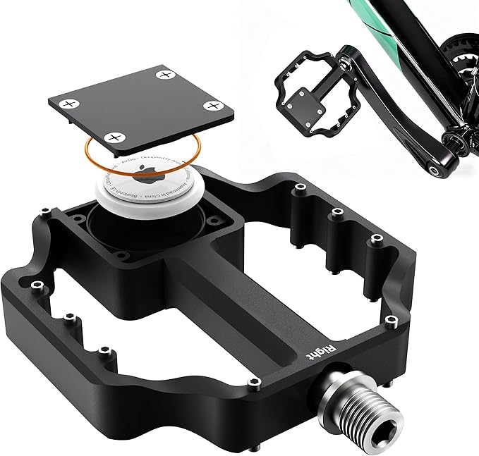 AirTag Bike Pedal Mount, Hidden Bicycle GPS Tracker Case Compatible with AirTag, Waterproof CNC Aluminum Flat Pedals with 9/16 Inch Thread, Anti‑Theft Design for Mountain, Road E‑Bikes