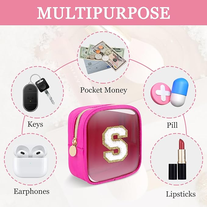 Mini Clear Personalized Initial Makeup Bag,Nylon Preppy A-Z Chenille Letter Patch Zipper Cosmetic Bag, Small Cute Beach Pouch Travel Purse Sanitary Napkin Storage Bag for Women Girls(Hot Pink-White S)