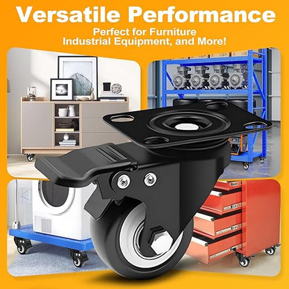 2 Inch Heavy Duty Casters 4 Sets of - Plate Casters with Brake, Bearing 600 pounds, 360 Degree Noiseless Rotating Wheels, Polyurethane (PU) Wheels for Furniture, Carts, Cabinets, Workbenches - Black