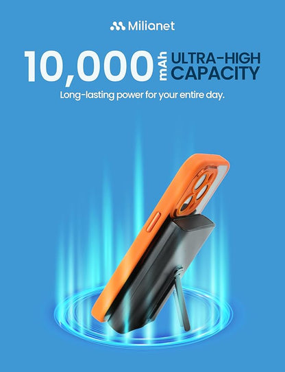 10000mAh Magnetic Power Bank | 15W MagSafe-Compatible Wireless Portable Charger, PD 20W Fast Charging Battery Pack with USB-C, Foldable Stand & 3-in-1 Cable | for iPhone 17/16/15/14/13/12