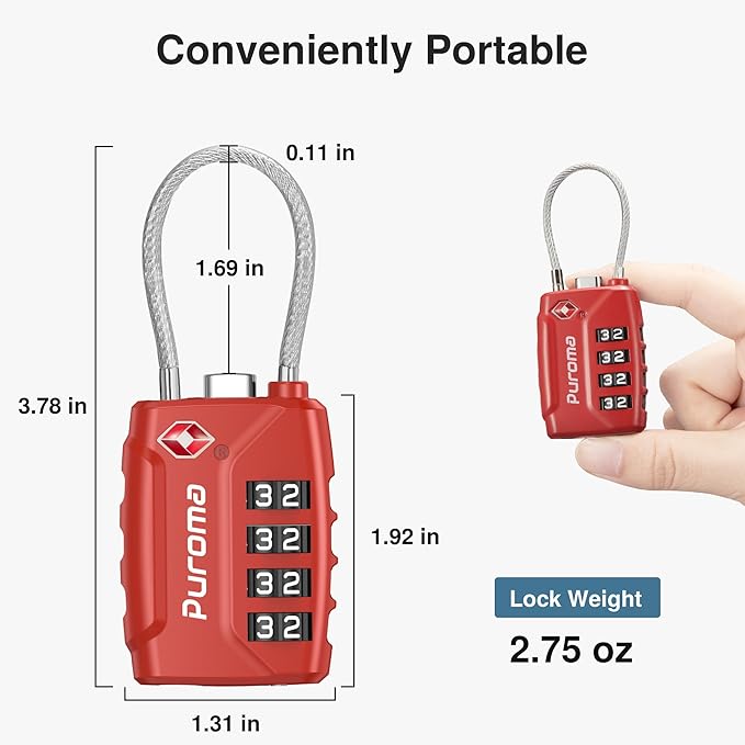 Puroma 2 Pack TSA Approved Luggage Lock, 4 Digit Combination Travel Locks Resettable Code Lock with Zinc Alloy Body for Suitcase, Toolbox, Backpack, Bag, Gym Locker (Basic Red)