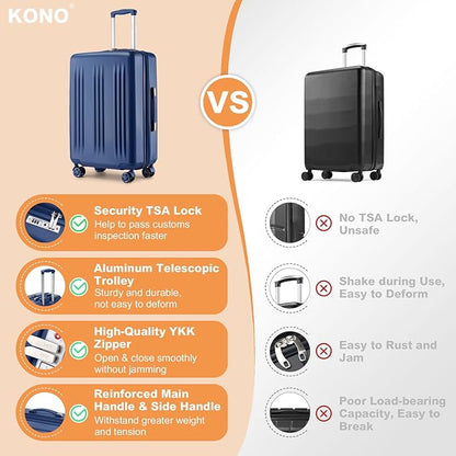 Kono Lightweight 24 Inch Expandable Luggage with Quiet Spinner Wheels TSA Lock, Scratch and Drop Resistant PC+ABS Hardside Durable Medium Checked Suitcase, Navy Blue