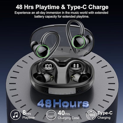 Wireless Earbuds, Bluetooth 5.4 Headphones Sport, Over Ear Buds With ENC Noise Cancelling Mic, 48H, Wireless Earphone With Earhooks, Stereo Deep Bass, IP7 Waterproof Headset for Workout Running, Black