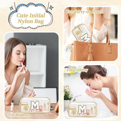 Small Clear Personalized Initial Makeup Bag,Nylon Preppy A-Z Chenille Letter Patch Cosmetic Pouch Beach Toiletry Bag,Waterproof Zipper Travel Purse Storage Bag Organizer for Women Girls(Beige-White M)