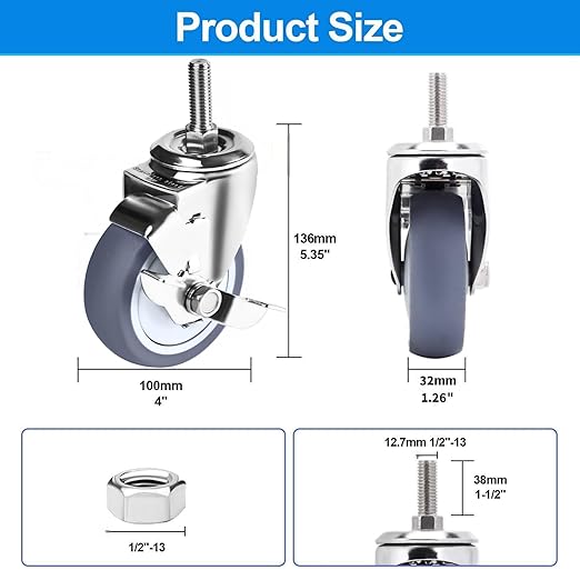 4 inch Stainless Steel Caster Wheels Heavy Duty, 1/2"-13x1-1/2 Threaded Stem Casters with Side Brake, Rust Resistant, Non-Marking TPR Rubber Wheels for Hospital, Lab,Furniture,Restaurant