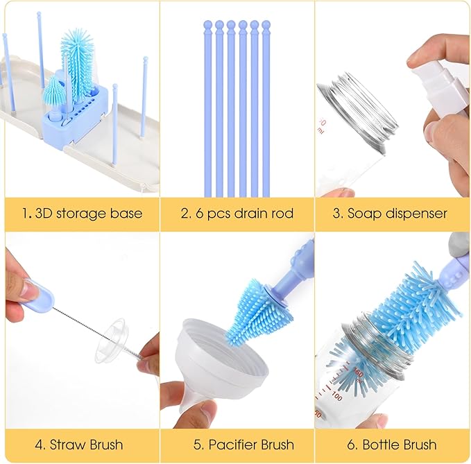 Portable 7-in-1 Baby Bottle Brush Set, Travel Cleaner Kit for Travel and Home, All-in-One Travel Baby Bottle Washing Kit: Integrated Cleaning & Drying System for Bottles and Breast Pump Parts (Blue)