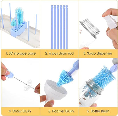 Portable 7-in-1 Baby Bottle Brush Set, Travel Cleaner Kit for Travel and Home, All-in-One Travel Baby Bottle Washing Kit: Integrated Cleaning & Drying System for Bottles and Breast Pump Parts (Blue)