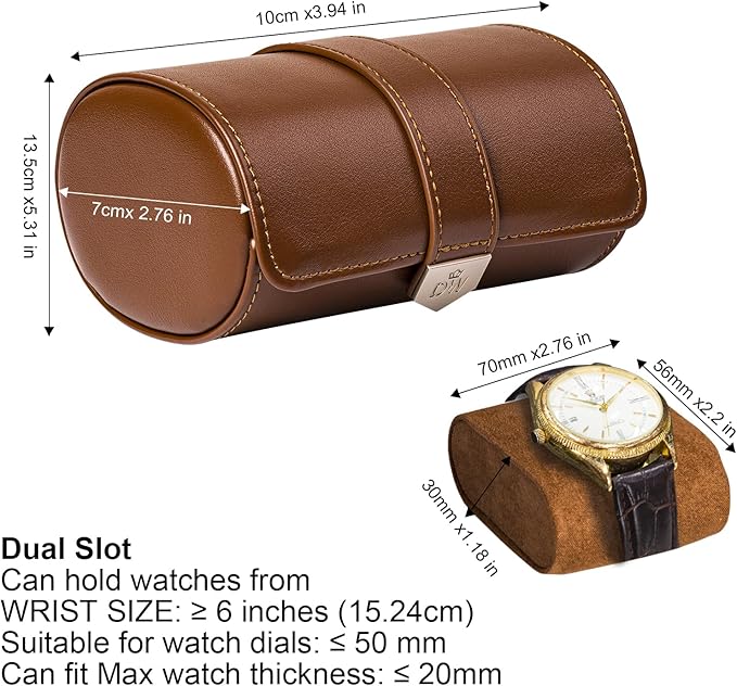 DUKWIN Watch Roll for 2 Watches,Vegan Leather Travel Watch Case Organizer with Removable Pillows for Men and Women,Display Case for Watches Collection and Gift for Anniversary Birthday(Brown Storage)