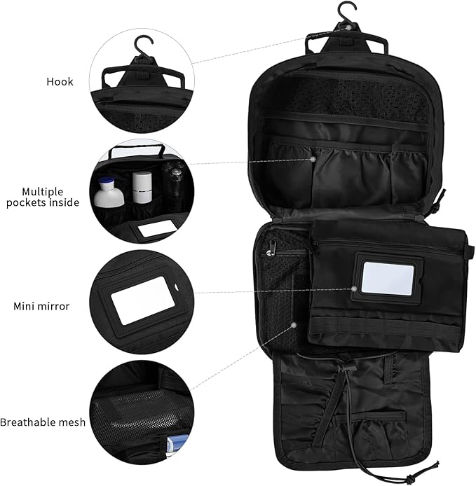 Tactical Toiletry Bag for Men Women, Travel Hanging Toiletry Bags, Toiletries Organizer Dopp Kit, Travel Cosmetic Bag,Shaving Hygiene Bag, Bathroom Essentials Men's Toiletry Bag for Camping - Black