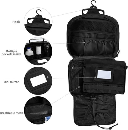 Tactical Toiletry Bag for Men Women, Travel Hanging Toiletry Bags, Toiletries Organizer Dopp Kit, Travel Cosmetic Bag,Shaving Hygiene Bag, Bathroom Essentials Men's Toiletry Bag for Camping - Black