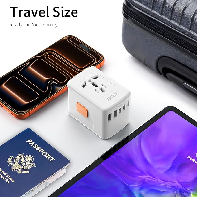 Acer Universal Travel Plug Adapter - International Power Adapter with 5 USB Ports (3 USB C) 5.8A, Worldwide Outlet Charger for USA to European UK France Germany Spain, Type C/E/F/G/I/L/A, White