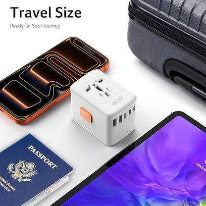 Acer Universal Travel Plug Adapter - International Power Adapter with 5 USB Ports (3 USB C) 5.8A, Worldwide Outlet Charger for USA to European UK France Germany Spain, Type C/E/F/G/I/L/A, White
