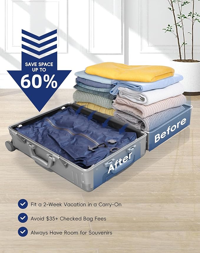 Travel Vacuum Bags with Wireless Pump, Reusable Vacuum Compression Bags for Suitcase, Space Saver for Luggage, Airtight & Waterproof, Perfect for Frequent Travelers & Business Trips (1-Pack)