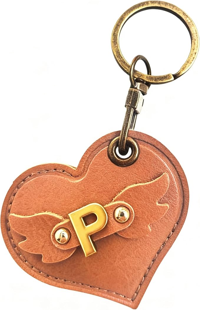 Initial Letter Leather Alphabet Keychain Holder Case Compatible with AirTag,Cute Protective Air Tag Cover with Bronze Keyring,Anti-Scratch Finder GPS Tracker Case for Pets Keys Wallet Luggage(P)