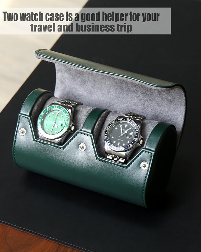 Watch Roll Travel Case for Men and Women with Suede Lining Portable 2 Slot Watch Display Storage and Organizer to Holder Large Watch(2 slot green)