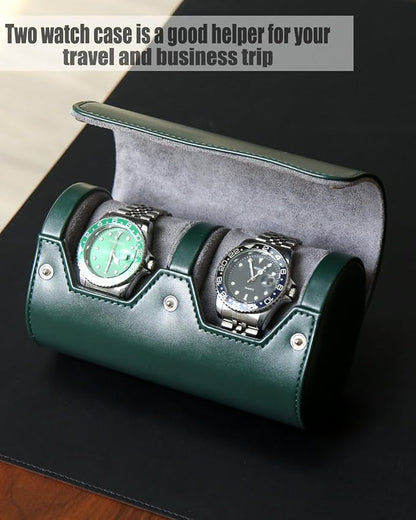 Watch Roll Travel Case for Men and Women with Suede Lining Portable 2 Slot Watch Display Storage and Organizer to Holder Large Watch(2 slot green)