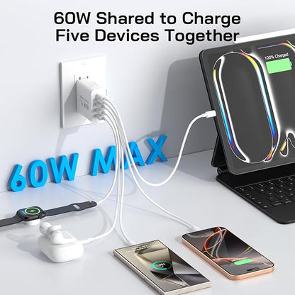2Pack USB C Fast Charger Block, 60W 5-Port USB C Wall Charger 30W Type C Charging Block, 2USB C+3USB A PPS/PD 3.0 Multiport Charging Cube for iPhone 17 16 15 14 Pro Max,for Galaxy S25 S24 Ultra, i Pad