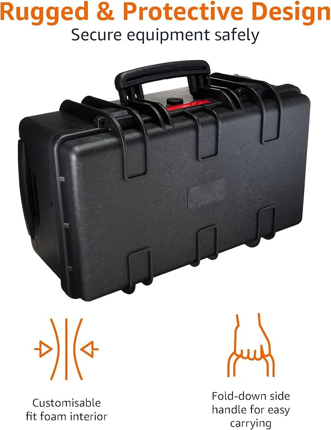 Amazon Basics Hard Camera Case with Wheels, Large, Black, Solid, 22"L x 14"W x 9.8"H